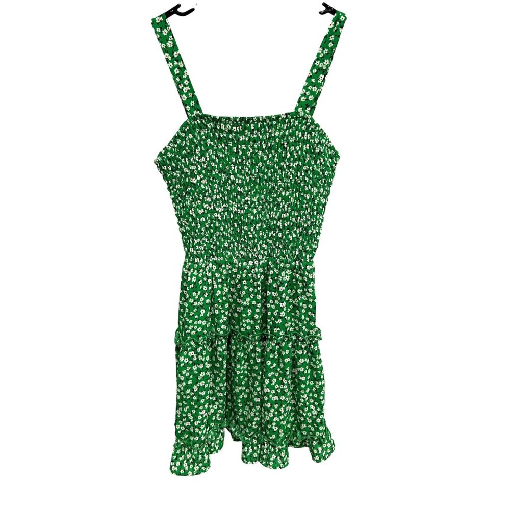 Sienna Sky Green Floral Smocked Tiered Mini Dress Ruffle Hem Sz M Y2K Baby Doll